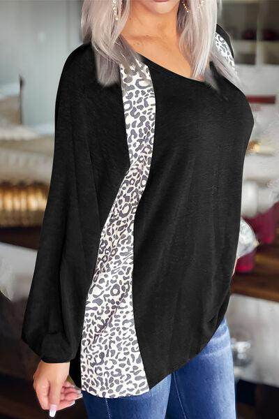 Full Size Leopard V-Neck Long Sleeve T-Shirt for Women - Selvanelle