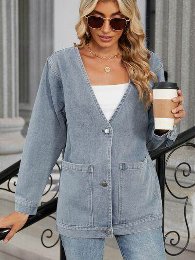 Pocketed V-Neck Button Up Denim Jacket for Stylish Looks - Selvanelle