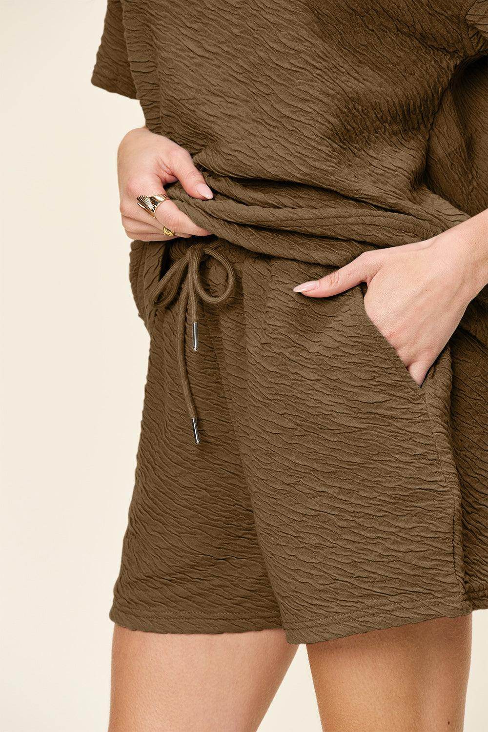 Double Take Full Size Texture Short Sleeve T-Shirt and Drawstring Shorts Set - Selvanelle