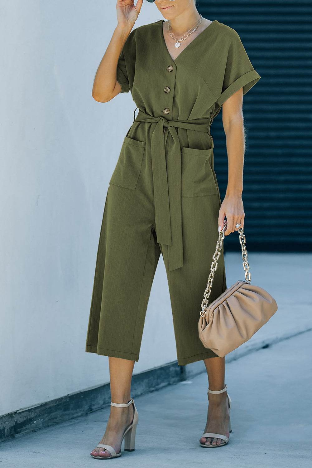 Tie-Waist Buttoned Cropped Jumpsuit - Selvanelle