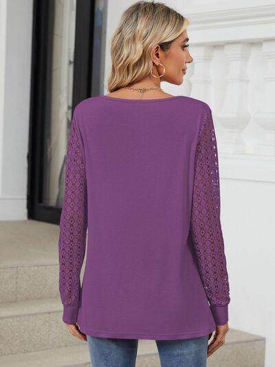 Cutout Round Neck Long Sleeve T-Shirt with Lace Detail - Selvanelle