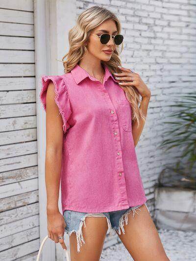 Ruffled Pocketed Collared Neck Cap Sleeve Denim Top for Women - Selvanelle