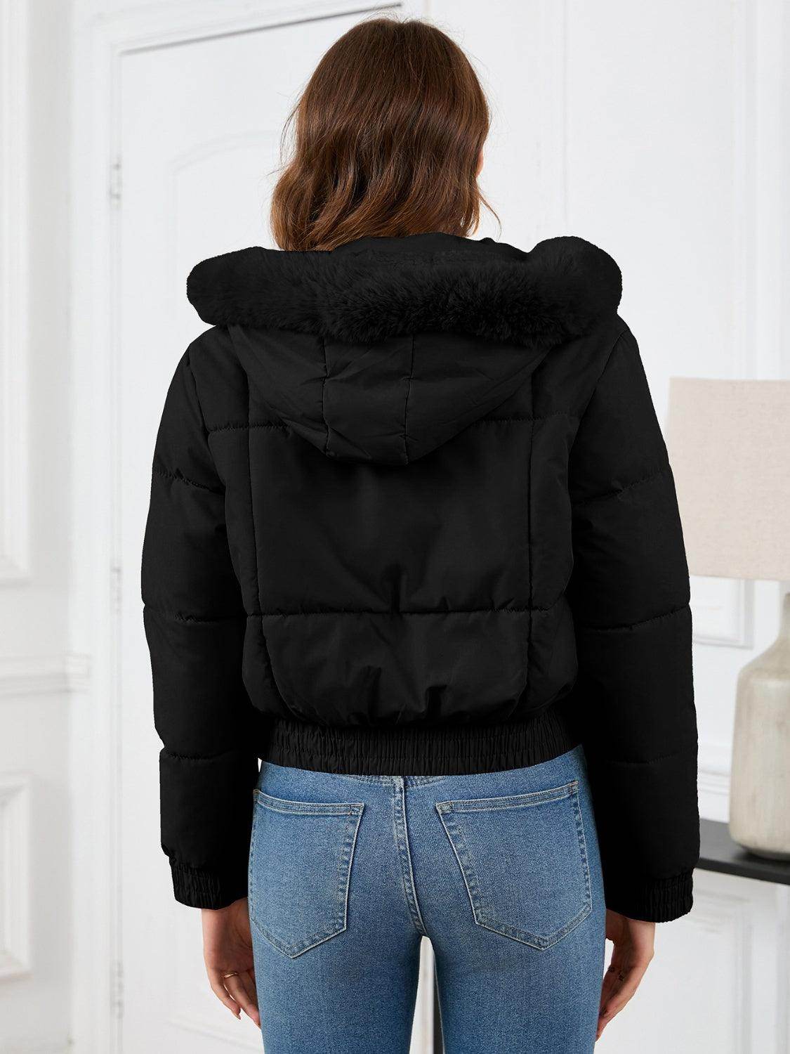 Pocketed Long Sleeve Cropped Hooded Winter Coat for Women - Selvanelle