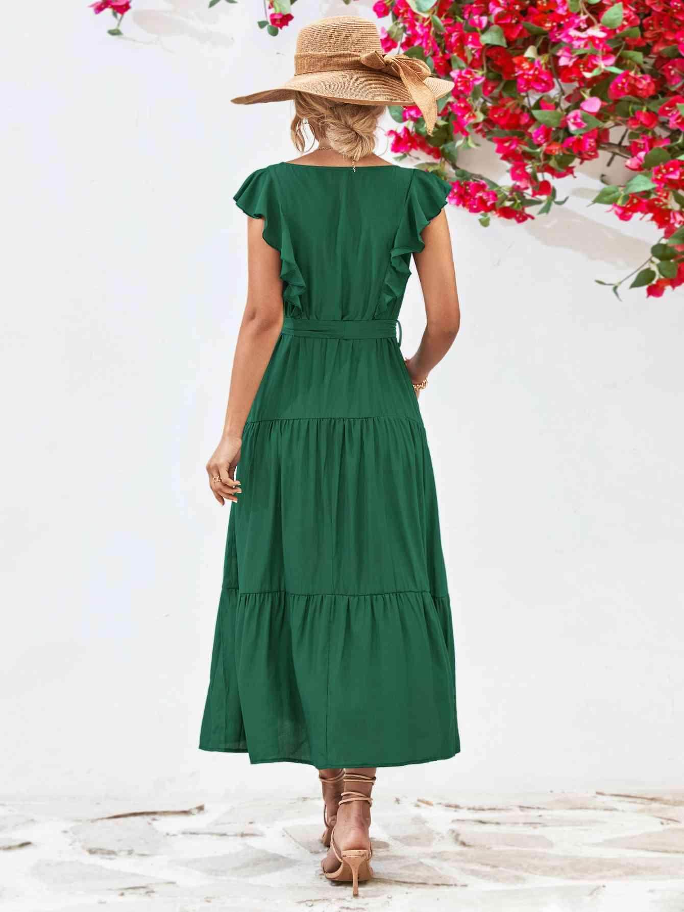 Tie Belt Ruffled Tiered Dress for Chic Midi Style - Selvanelle