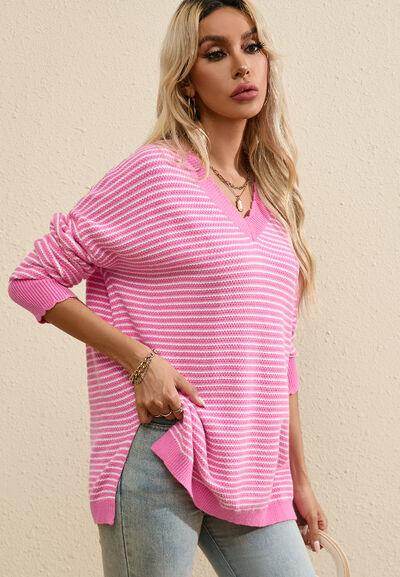 Striped V-Neck Dropped Shoulder Sweater for Women - Selvanelle