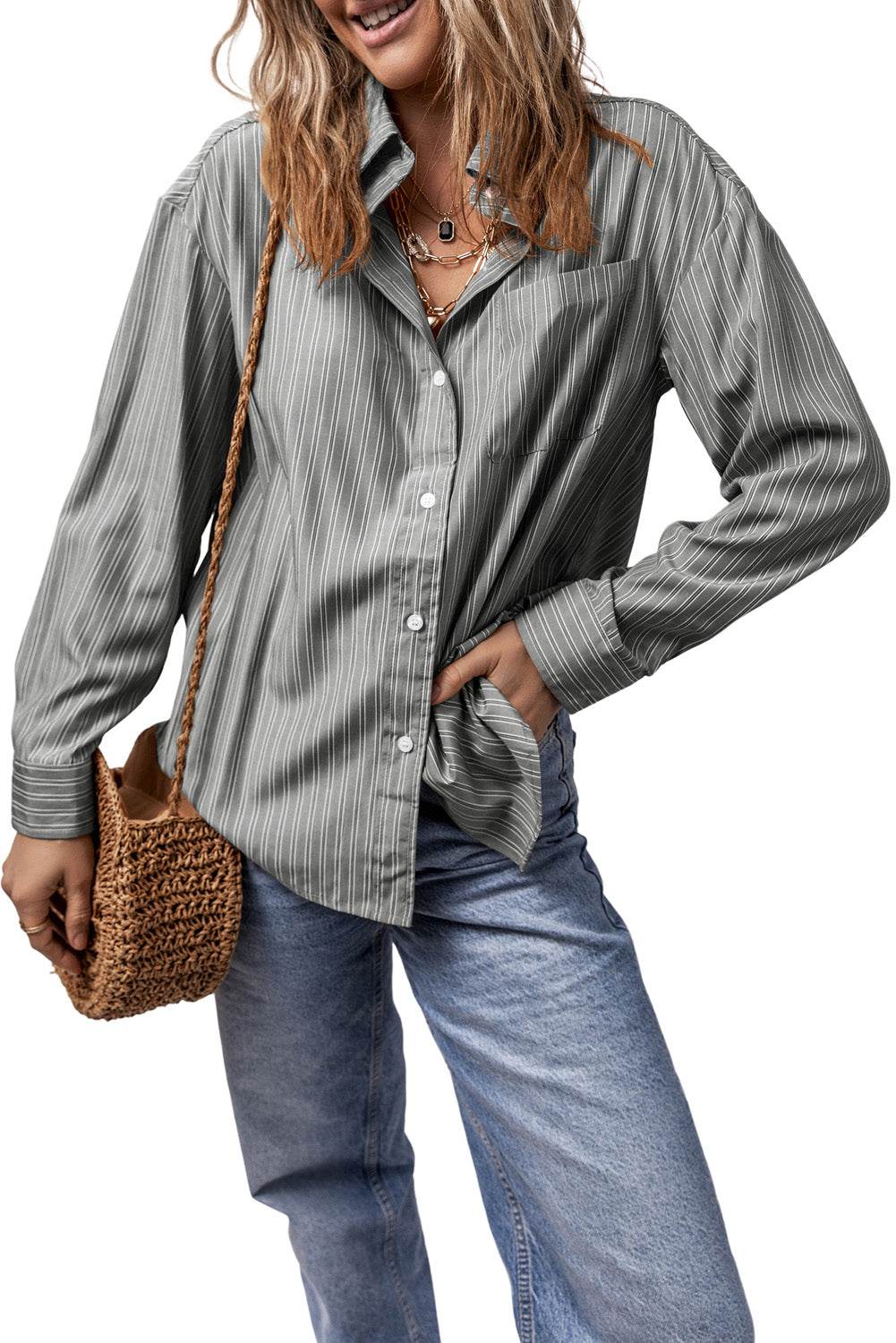 Striped Button Up Long Sleeve Shirt - Selvanelle
