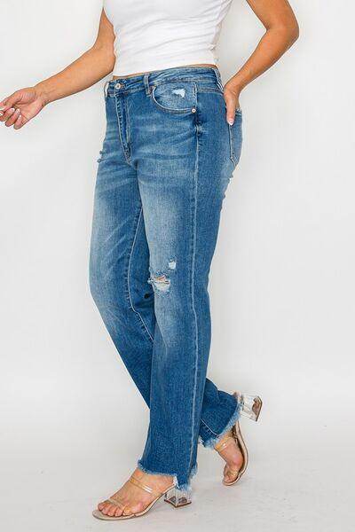 Bytos Full Size Raw Hem Distressed Mid Rise Straight Jeans - Selvanelle