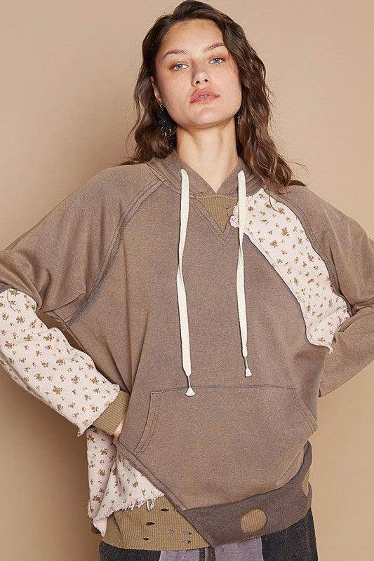 POL Floral Patchwork Distressed Drawstring Hoodie for Women - Selvanelle