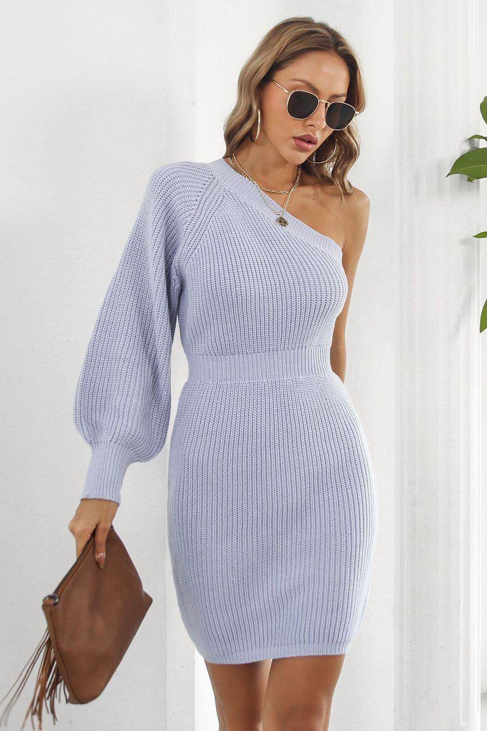 One Shoulder Raglan Sleeve Pencil Sweater Dress for Women - Selvanelle