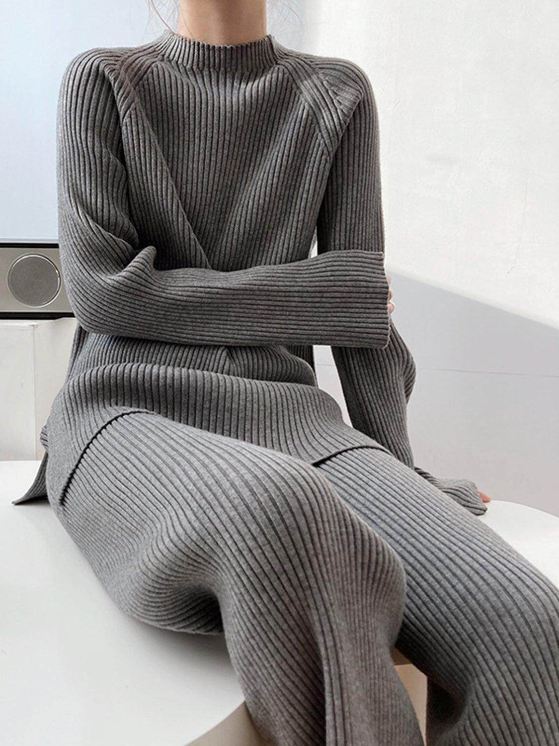 Mock Neck Raglan Sleeve Top and Pants Sweater Set for Women - Selvanelle