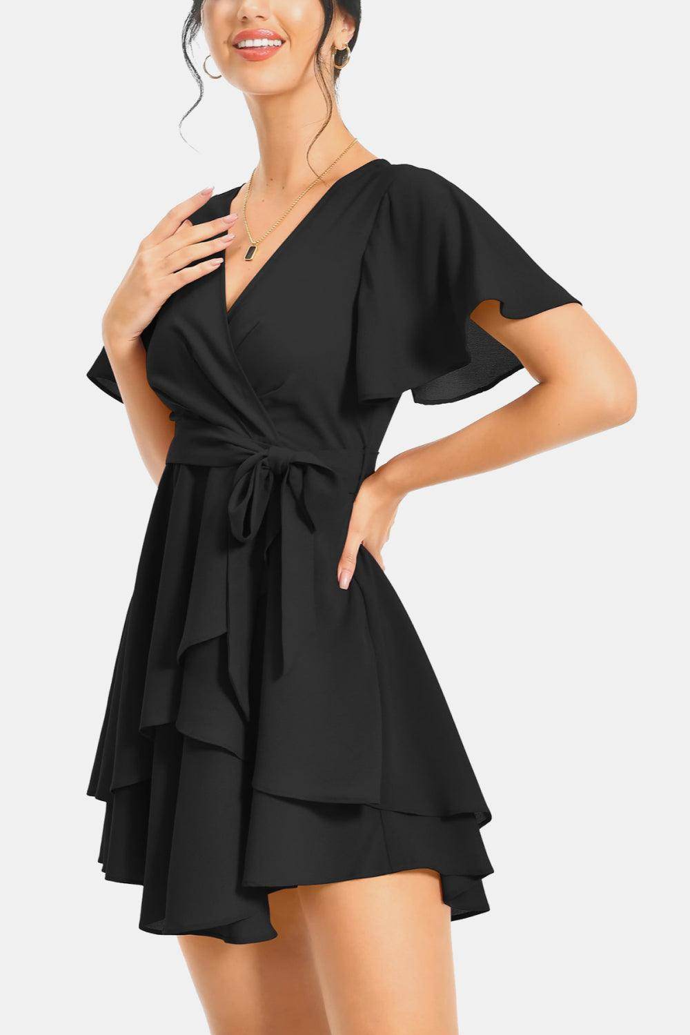 Surplice Neck Flutter Sleeve Dress for Chic Summer Style - Selvanelle