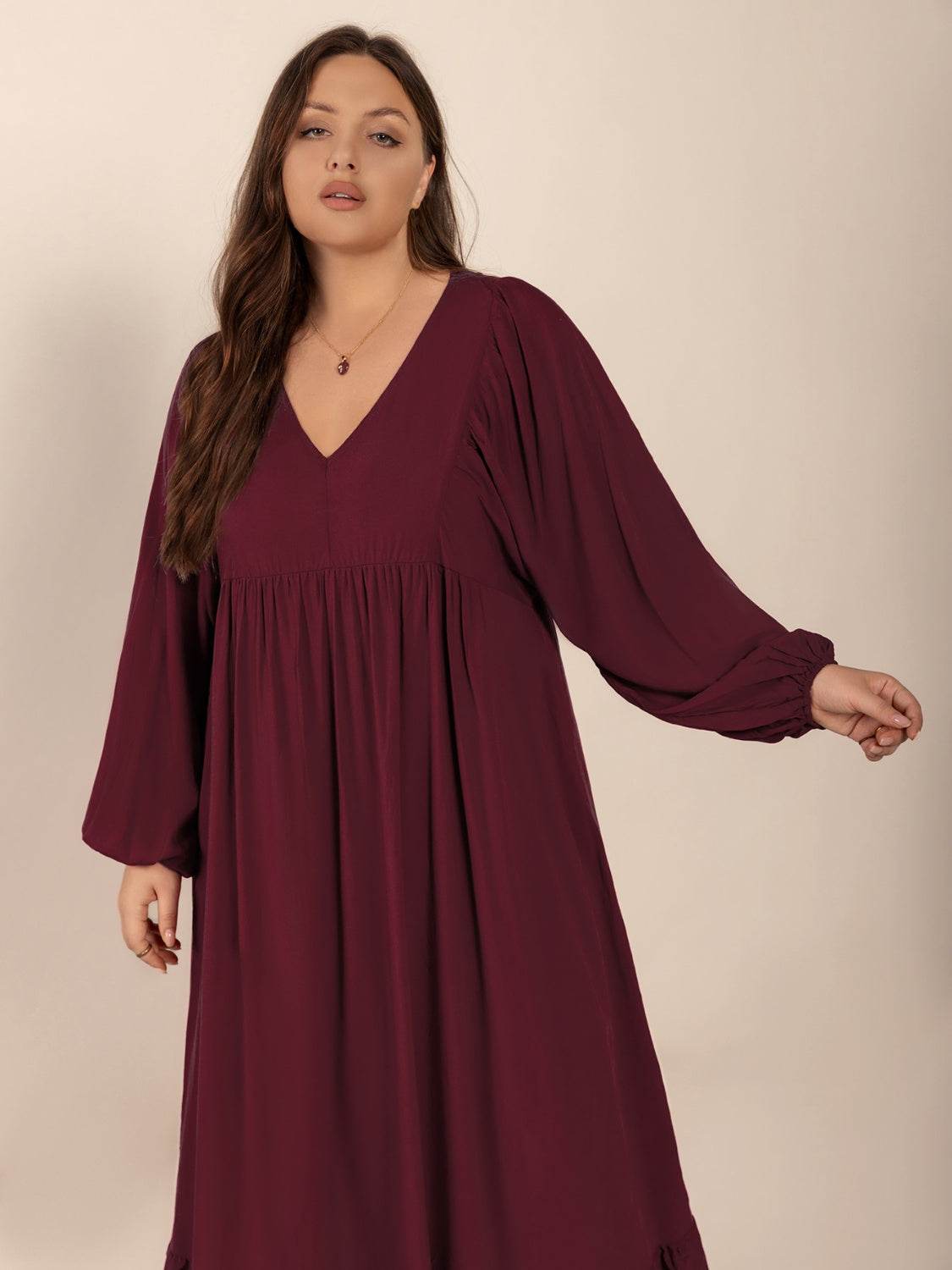 Plus Size Ruffled Hem V-Neck Balloon Sleeve Dress - Selvanelle