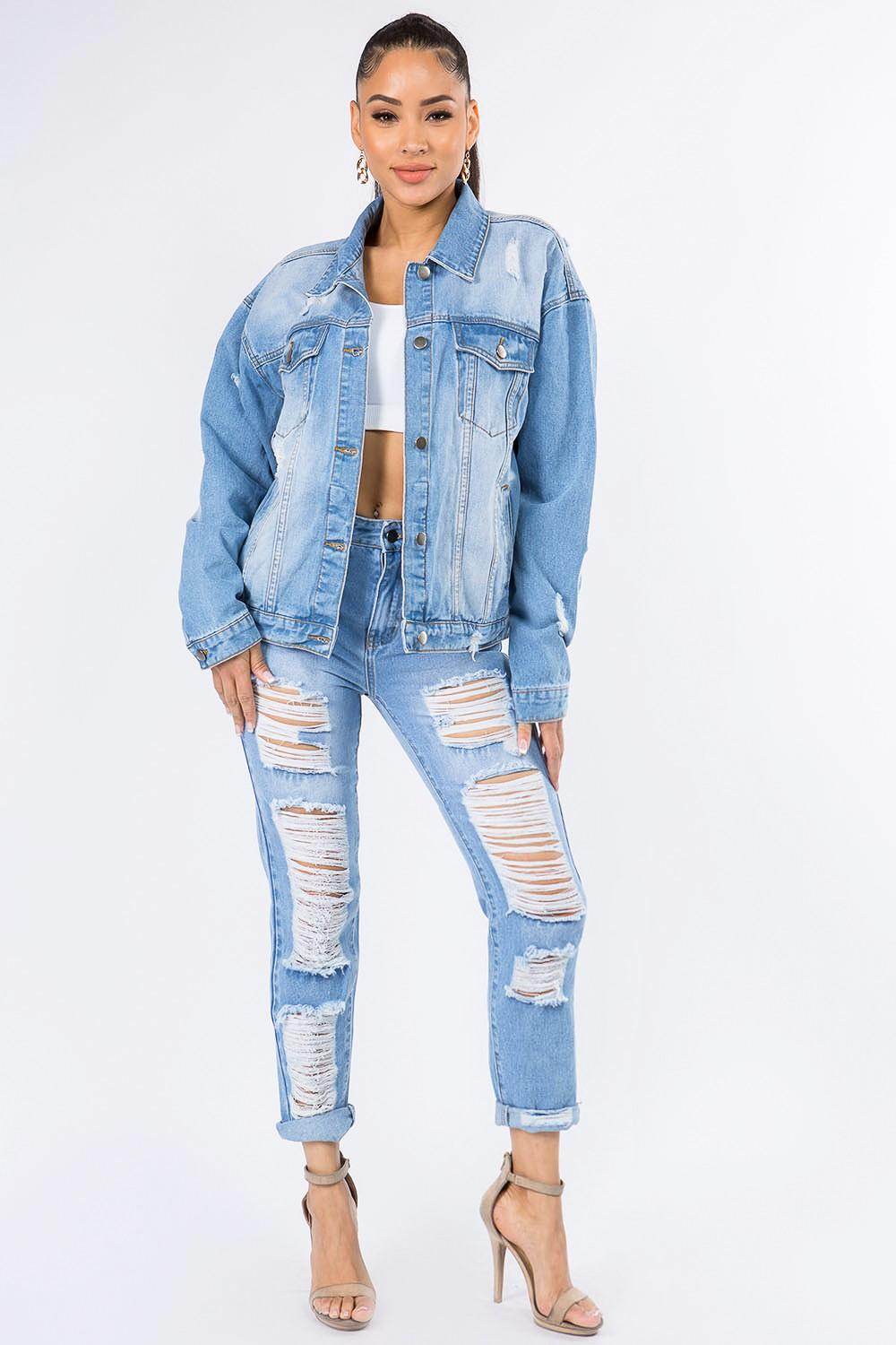 American Bazi Graphic Distressed Long Sleeve Denim Jacket - Selvanelle