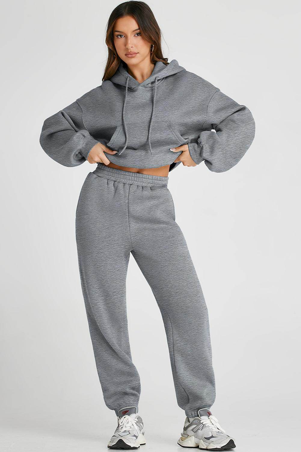 Dropped Shoulder Hooded Top and Pants Active Set for Women - Selvanelle