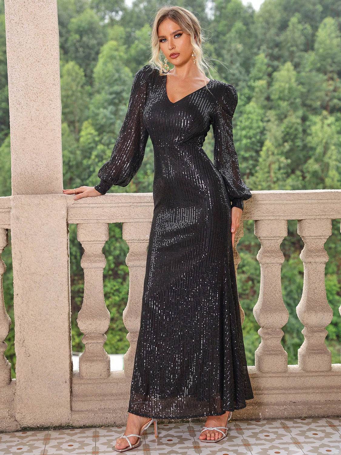 Sequin V-Neck Lantern Sleeve Maxi Dress - Selvanelle