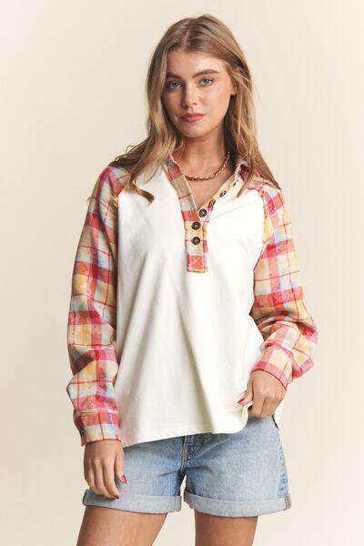 J.NNA Plaid Contrast Button Down Henley Top for Women - Selvanelle