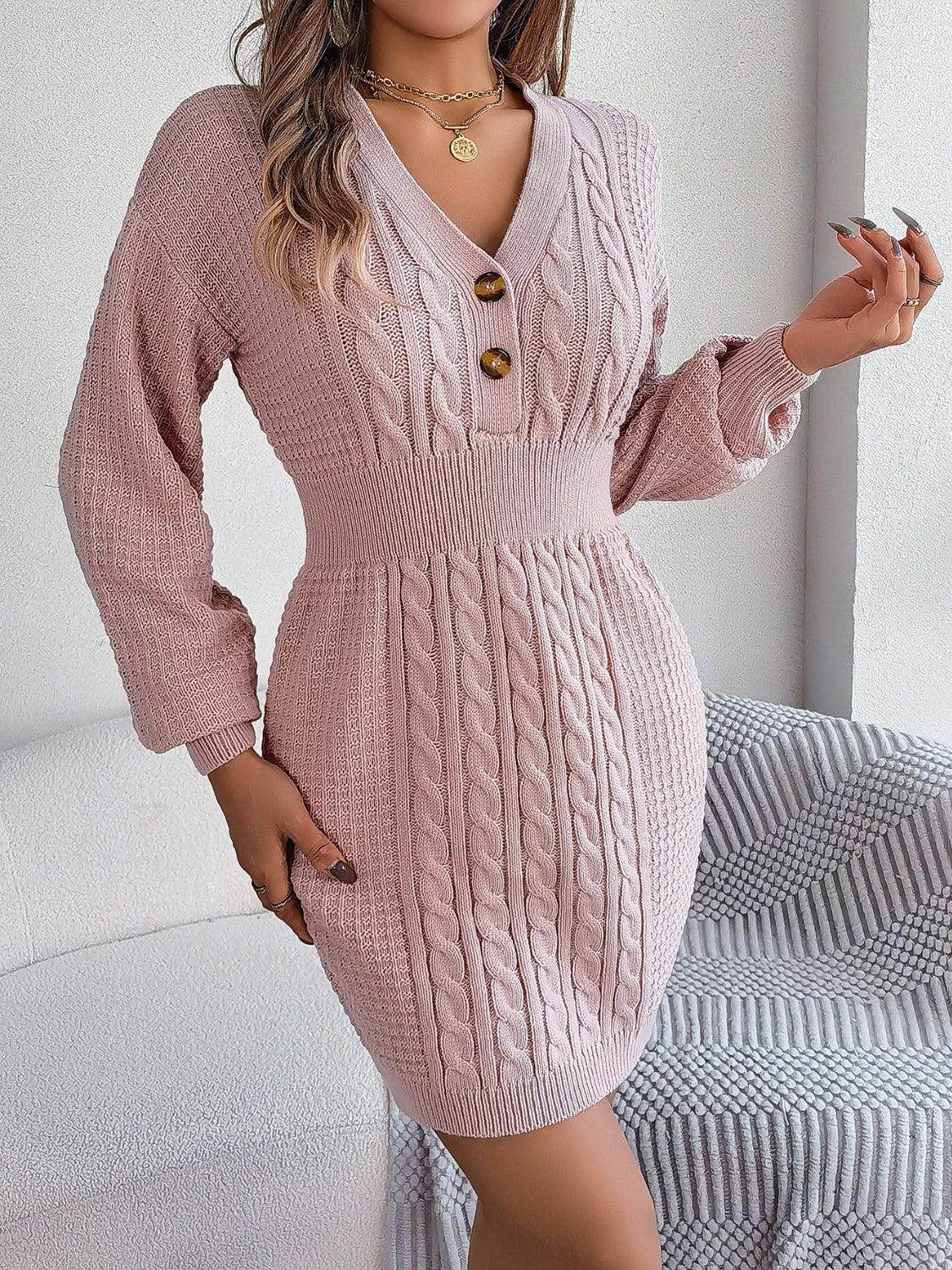 Buttoned Cable-Knit V-Neck Sweater Dress for Women - Selvanelle