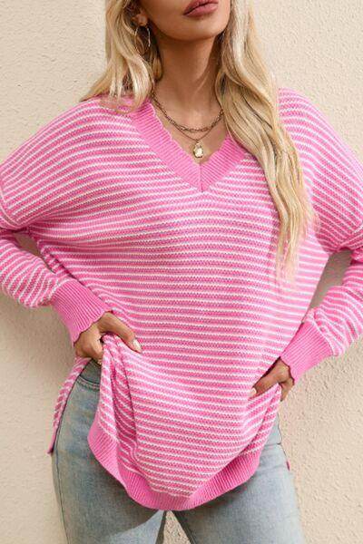 Striped V-Neck Dropped Shoulder Sweater for Women - Selvanelle