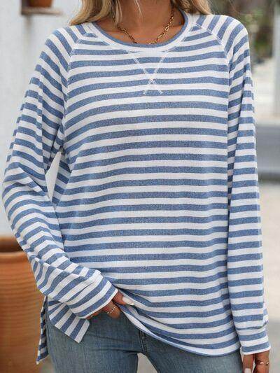 Mandy Striped Round Neck Long Sleeve T-Shirt for Women - Selvanelle