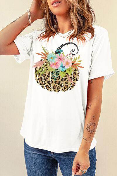 Pumpkin Graphic Round Neck Short Sleeve T-Shirt for Women - Selvanelle
