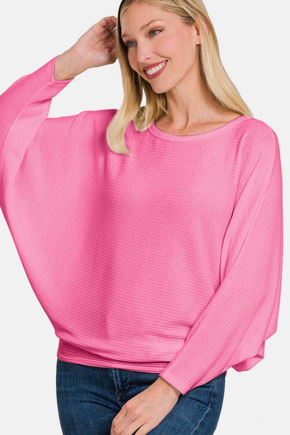 Zenana Ribbed Round Neck Long Sleeve Top for Women - Selvanelle