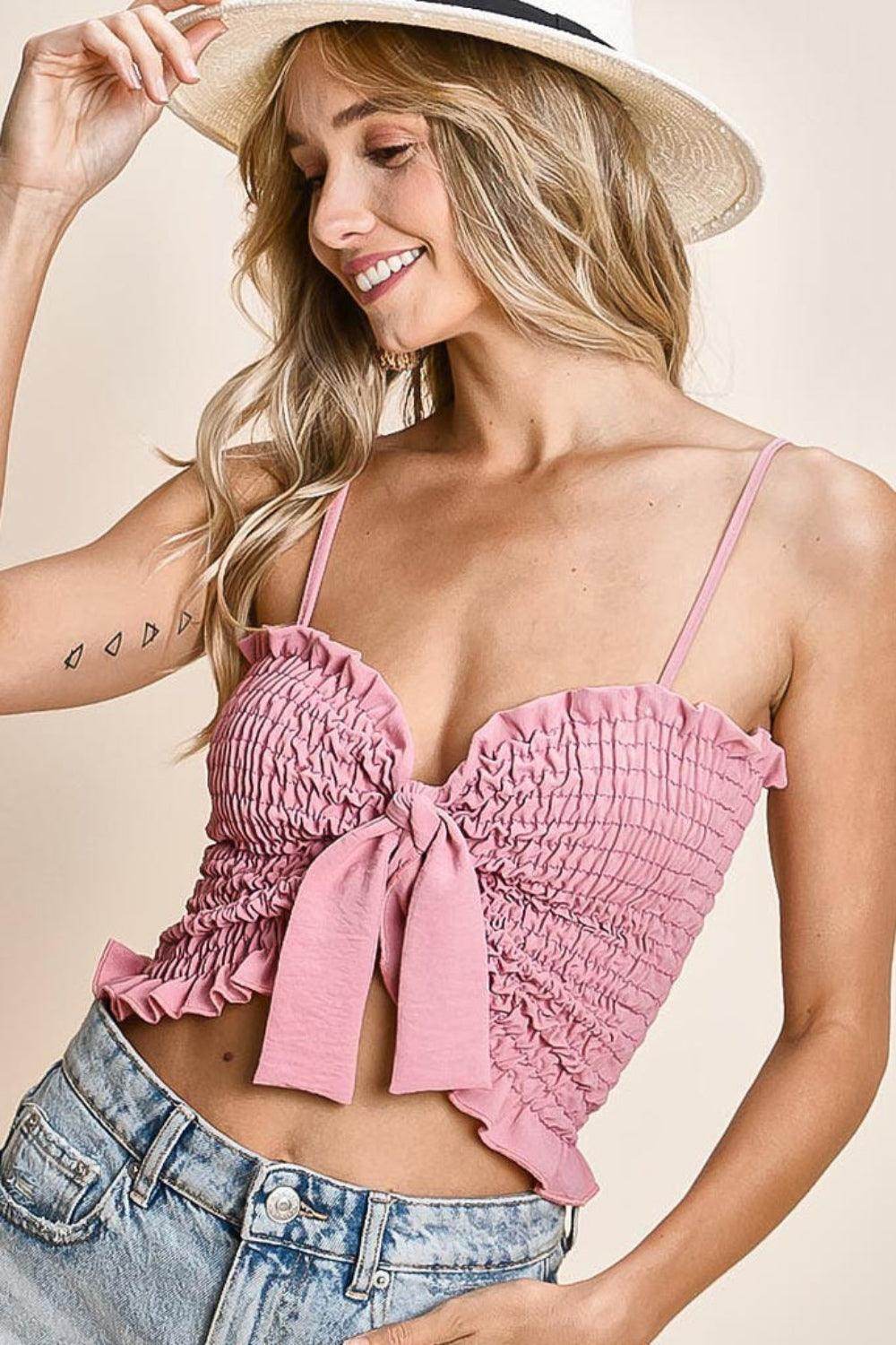 BiBi Ruffled Smocked Ribbon Detail Cami for Women - Selvanelle