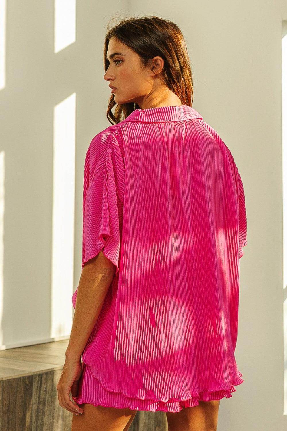 BiBi Pleated Short Sleeve Shirt and Shorts Set for Women - Selvanelle