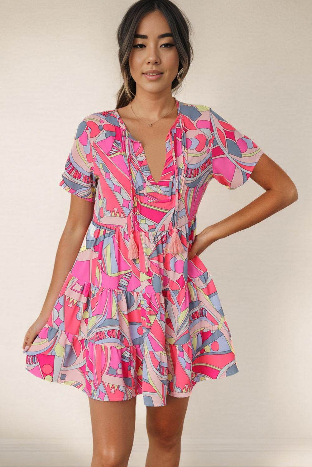Multicolored Tie Neck Short Sleeve Tiered Dress for Women - Selvanelle
