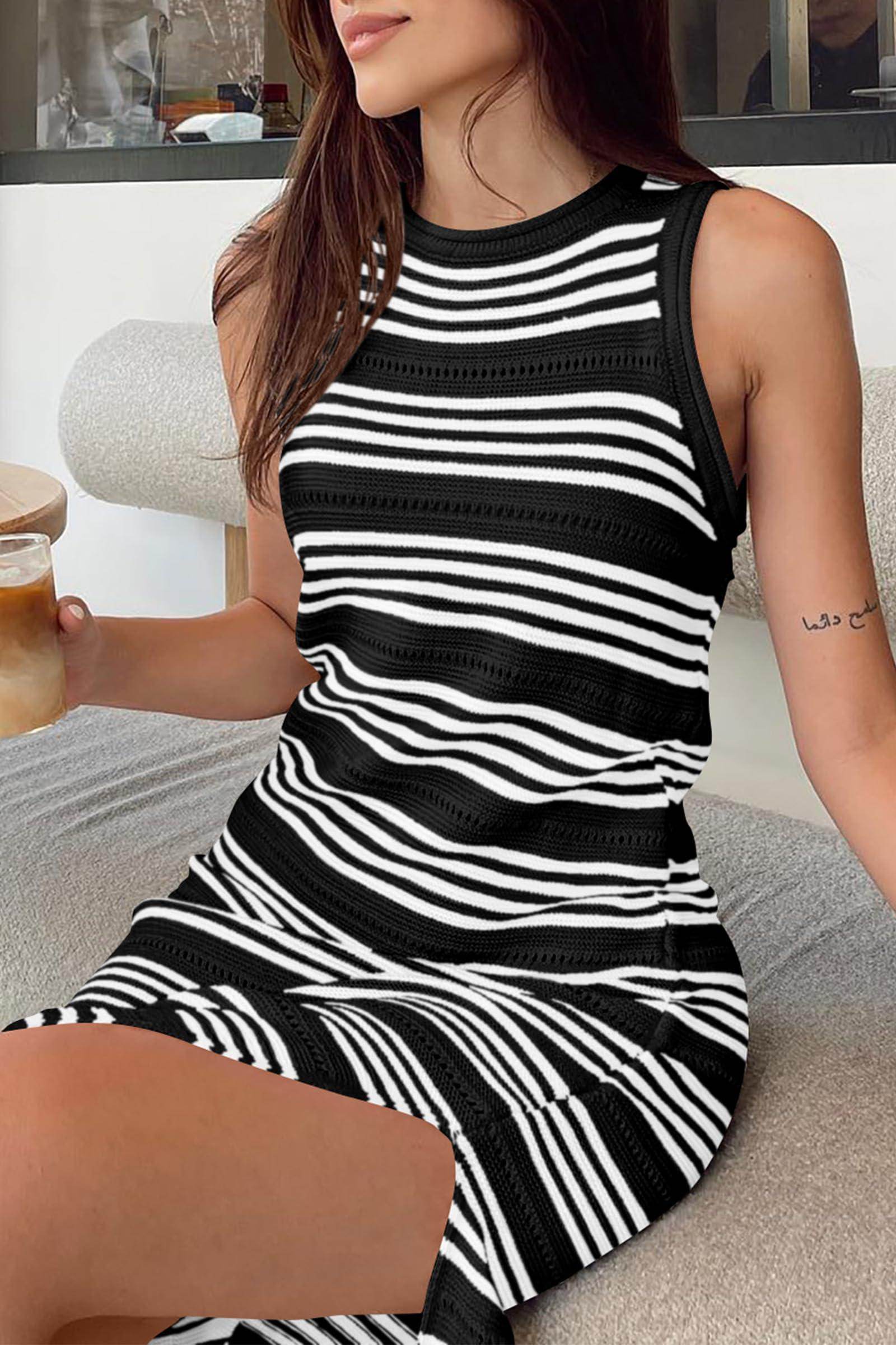 Slit Striped Round Neck Sleeveless Midi Dress for Women - Selvanelle