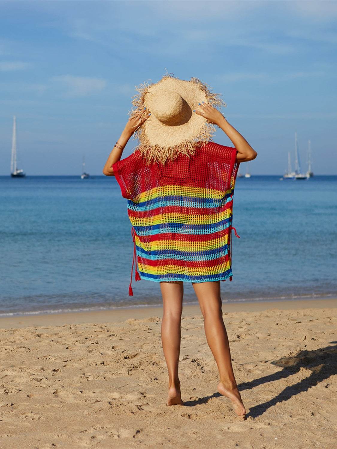 Angel Wings Cutout Striped Cover-Up with Tassel - Selvanelle