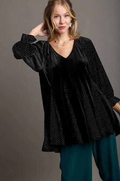 Umgee Godet Hem Polka Dot V-Neck Blouse for Women - Selvanelle