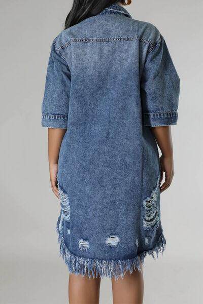 Distressed Raw Hem Button Up Denim Dress for Women - Selvanelle
