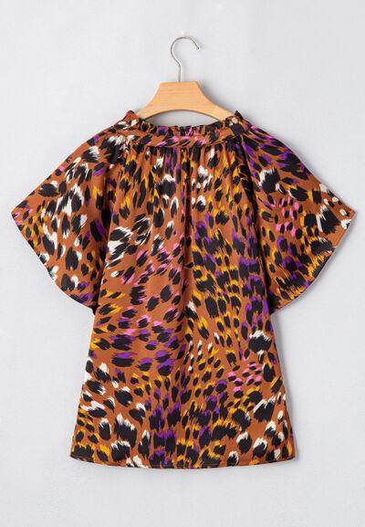 Leopard Notched Short Sleeve Blouse for Stylish Women - Selvanelle
