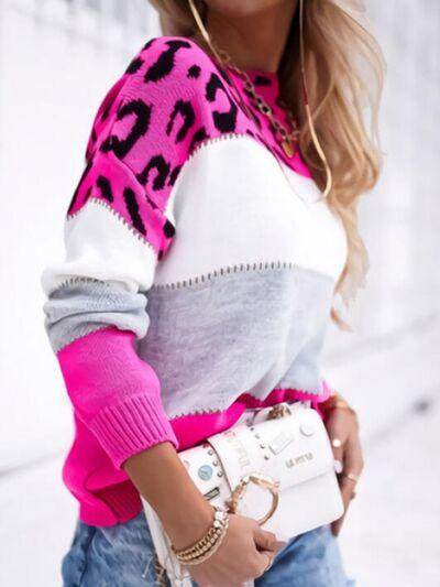 Leopard Color Block Round Neck Long Sleeve Sweater for Women - Selvanelle