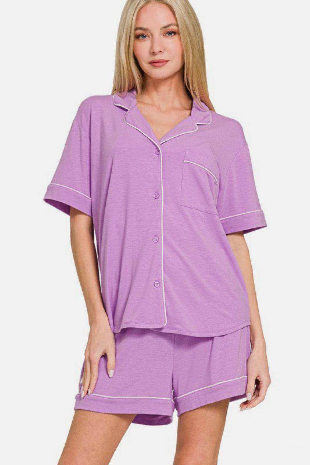 Zenana Button Down Short Sleeve Top and Shorts Lounge Set - Selvanelle