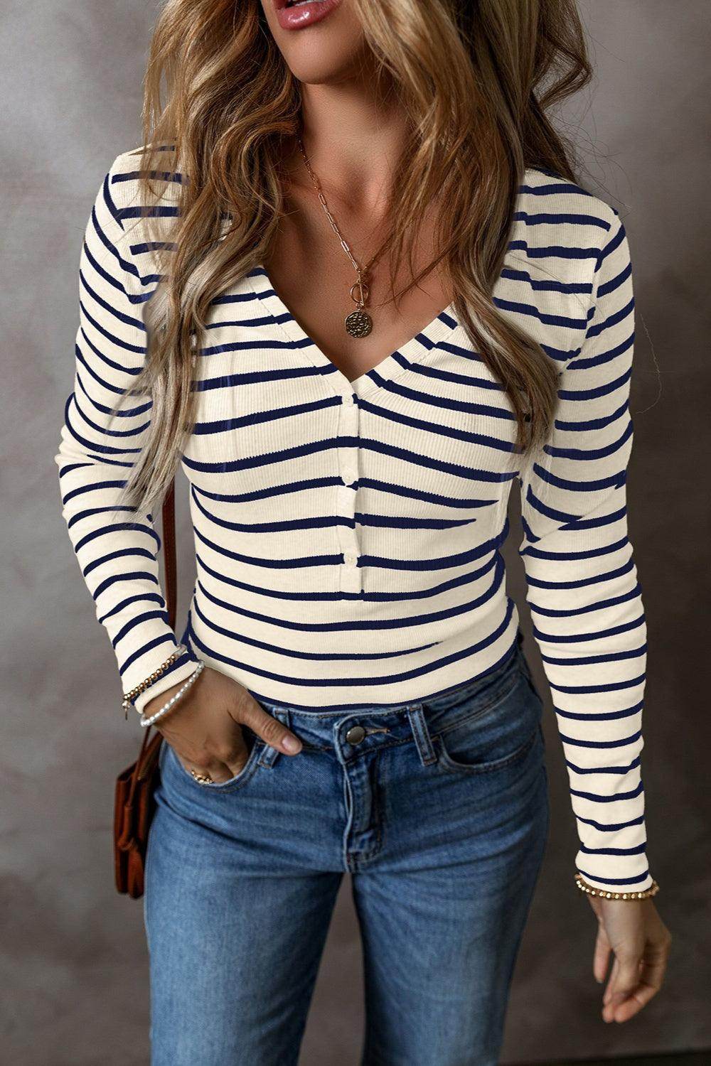Striped V-Neck Long Sleeve Top for Women Casual Wear - Selvanelle