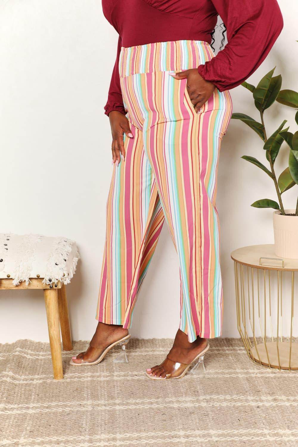 Double Take Striped Smocked Waist Pants with Pockets Stylish - Selvanelle