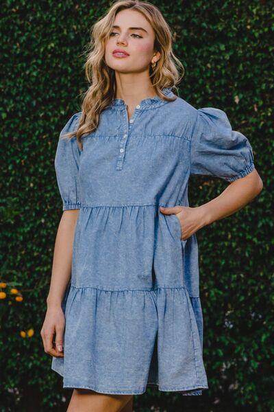 ODDI Washed Tiered Mini Denim Dress for Effortless Style - Selvanelle