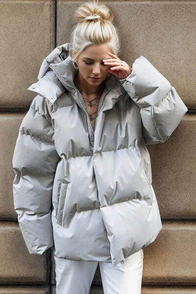 Pocketed Zip Up Hooded Puffer Jacket for Winter Comfort - Selvanelle