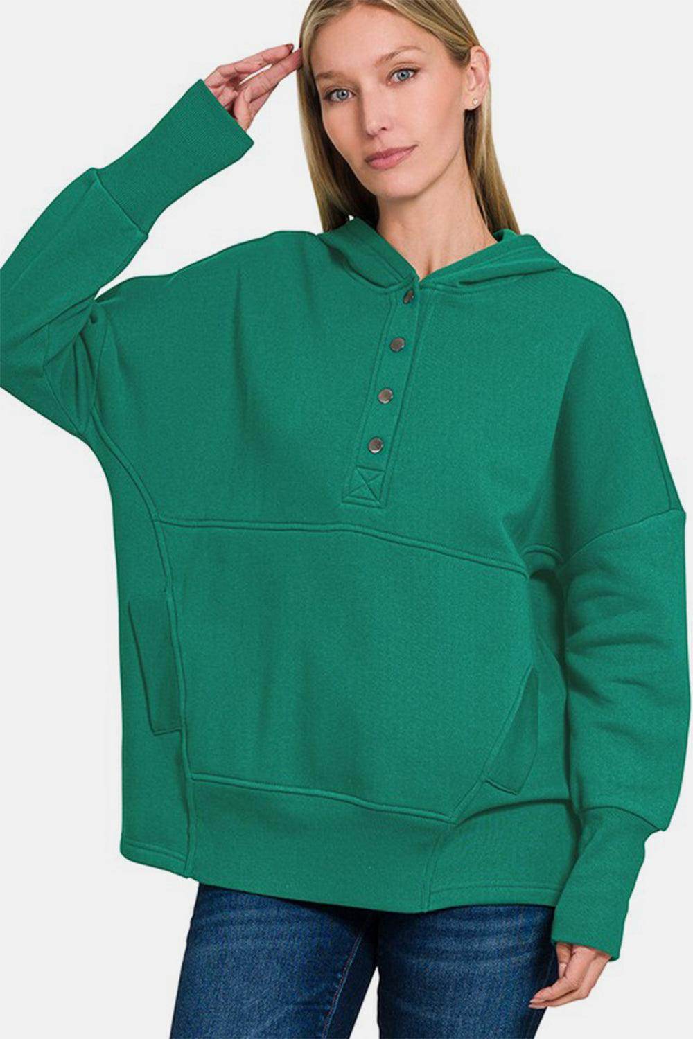 Zenana Half Snap Long Sleeve Hoodie with Kangaroo Pocket - Selvanelle