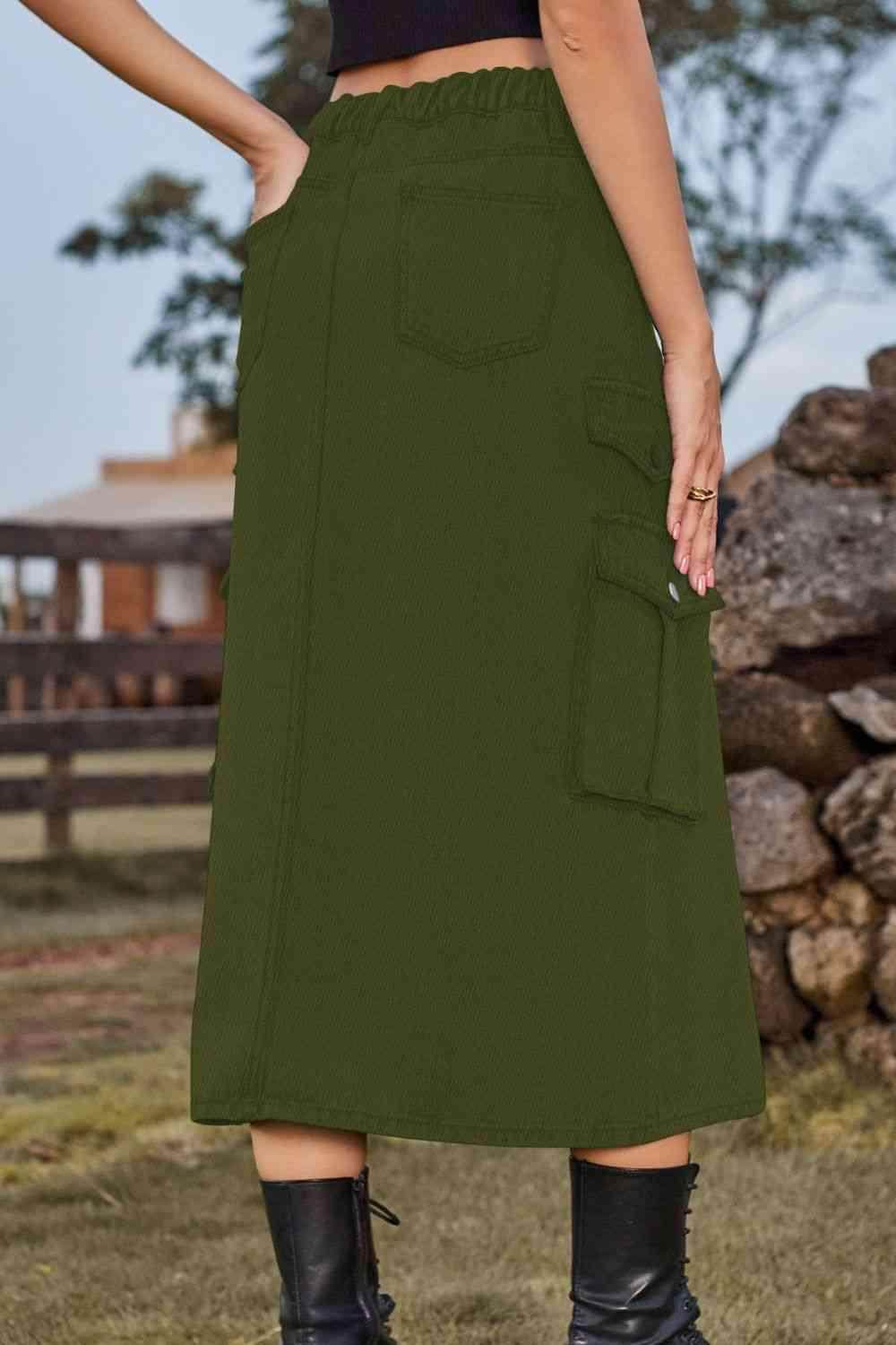 Slit Front Midi Denim Skirt with Pockets for Women - Selvanelle