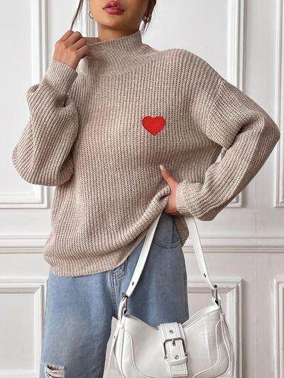 Heart Turtleneck Dropped Shoulder Long Sleeve Sweater for Women - Selvanelle