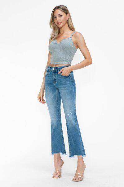 bytos Raw Hem Distressed Mid Rise Crop Jeans for Women - Selvanelle