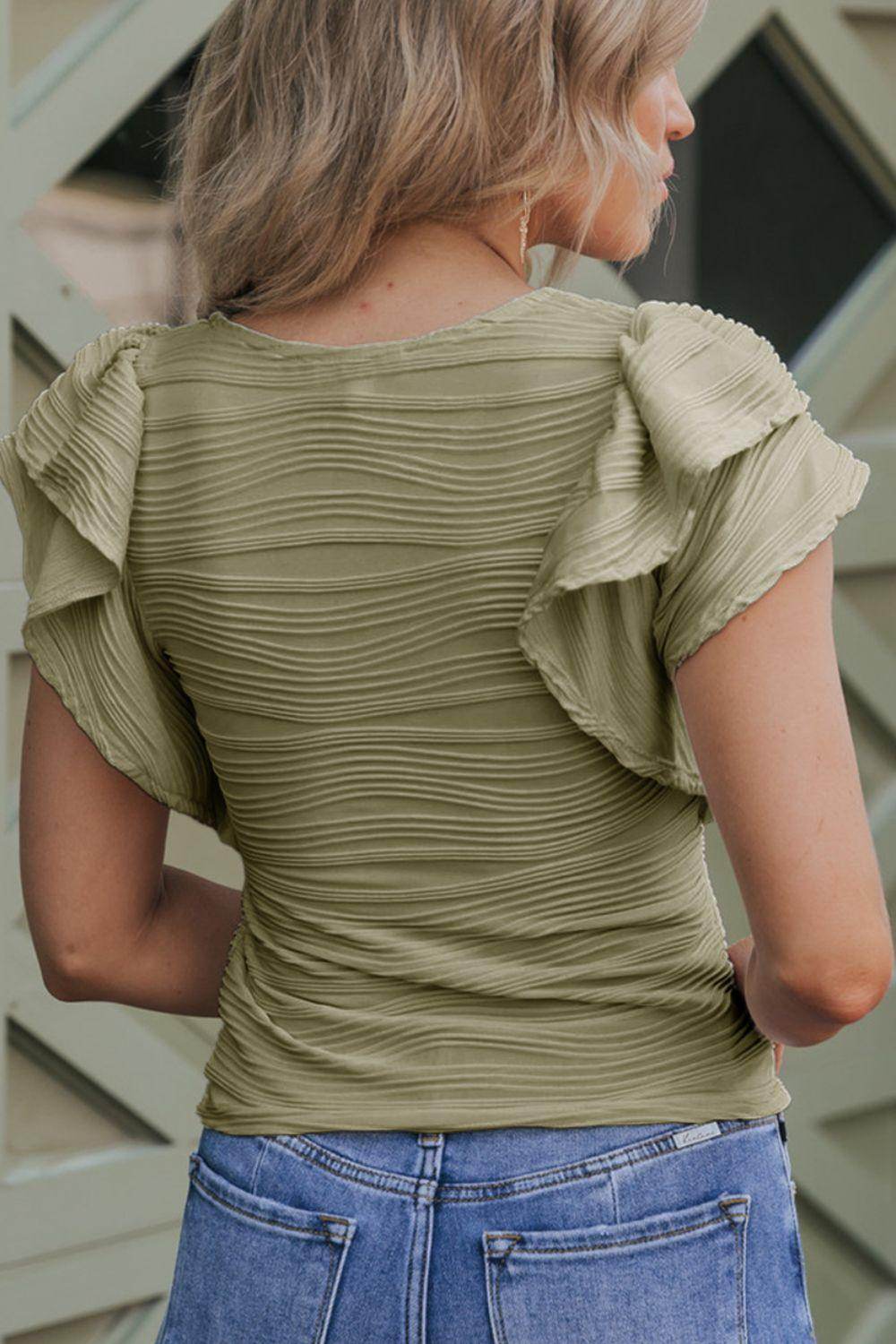 Textured Round Neck Cap Sleeve Top for Casual Style - Selvanelle