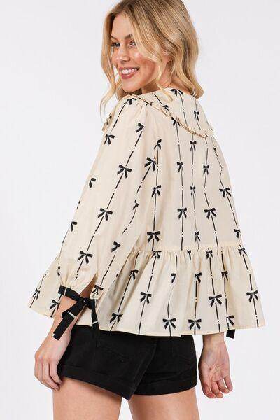 SAGE + FIG Bow Print Tie Front Babydoll Blouse for Women - Selvanelle