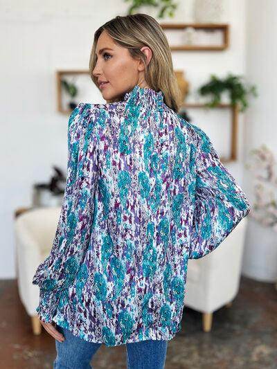 Double Take Full Size Printed Smocked Long Sleeve Blouse - Selvanelle