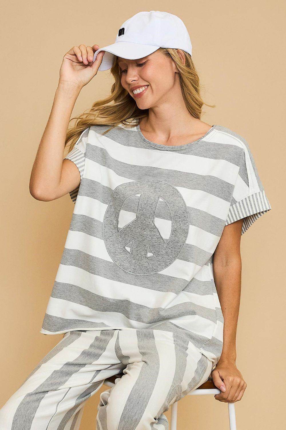 Umgee Peace Sign Patch Striped French Terry T-Shirt for Women - Selvanelle
