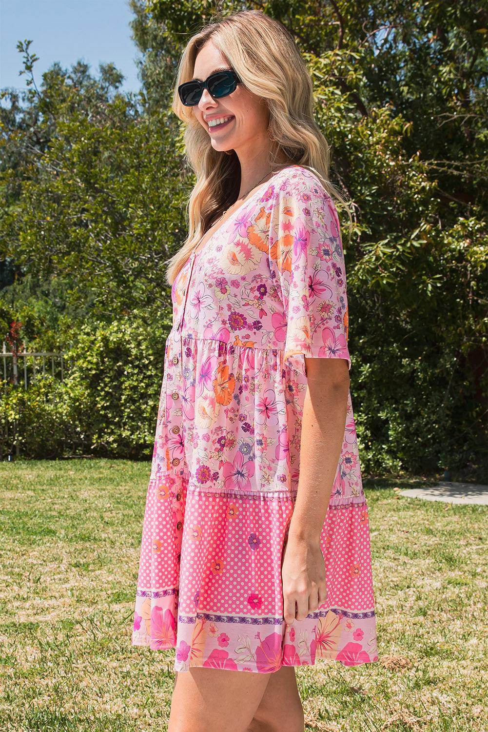 Floral Polka Dot Buttoned Mini Dress for Chic Style - Selvanelle