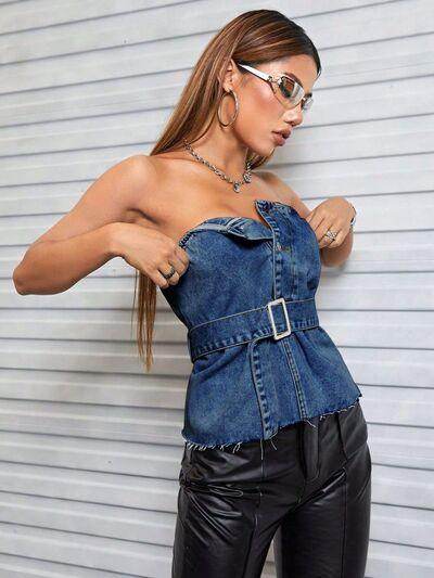 Buttoned Raw Hem Tube Denim Top for Stylish Comfort - Selvanelle