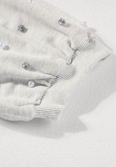 Rhinestone Pearl Detail Round Neck Puff Sleeve Top Women - Selvanelle